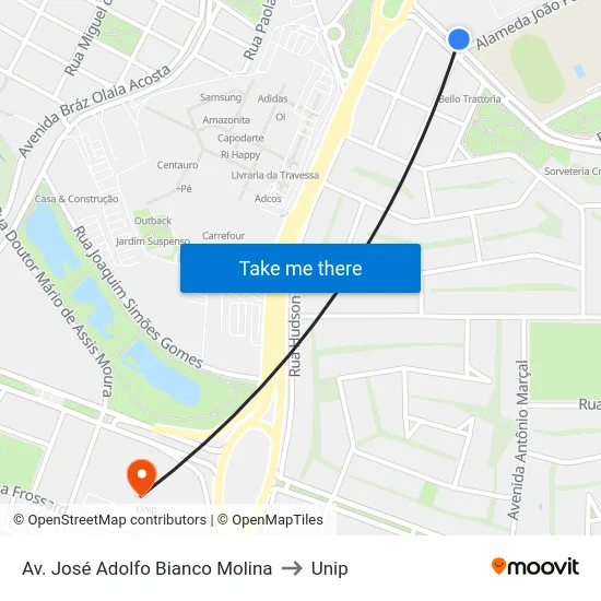 Av. José Adolfo Bianco Molina to Unip map