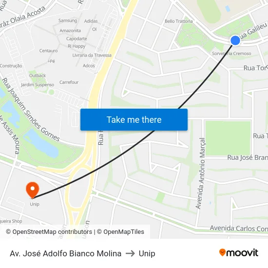 Av. José Adolfo Bianco Molina to Unip map