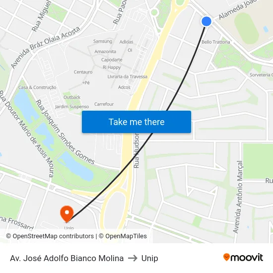 Av. José Adolfo Bianco Molina to Unip map