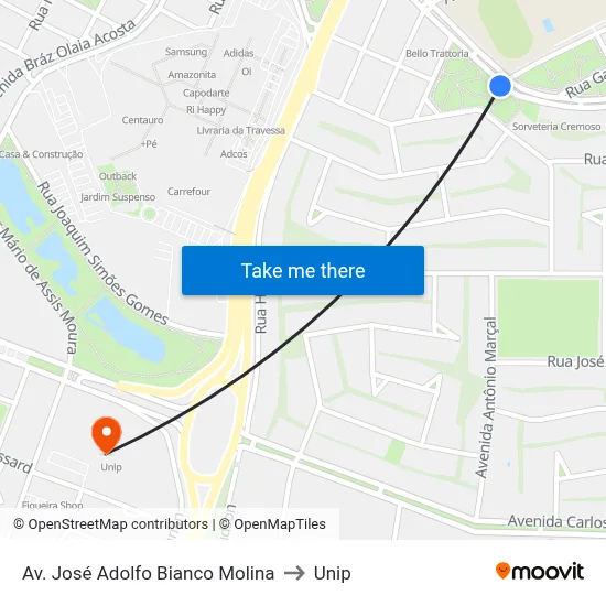 Av. José Adolfo Bianco Molina to Unip map