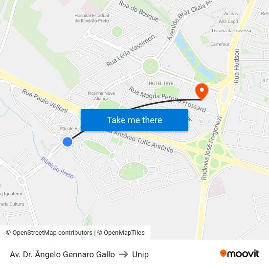 Av. Dr. Ângelo Gennaro Gallo to Unip map
