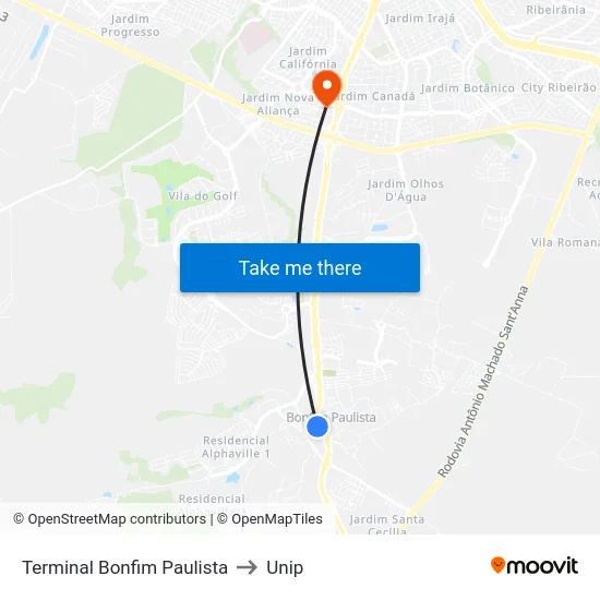 Terminal Bonfim Paulista to Unip map