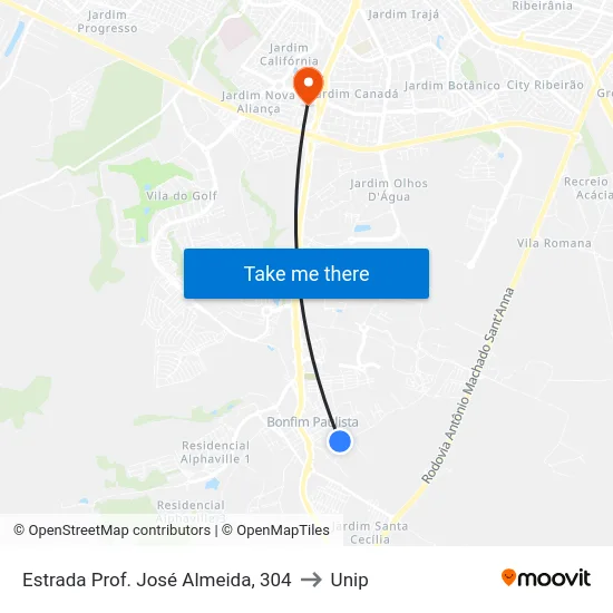 Estrada Prof. José Almeida, 304 to Unip map