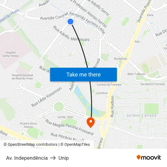 Av. Independência to Unip map
