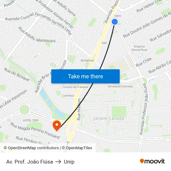 Av. Prof. João Fiúsa to Unip map
