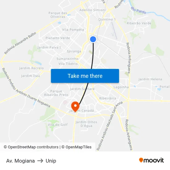Av. Mogiana to Unip map