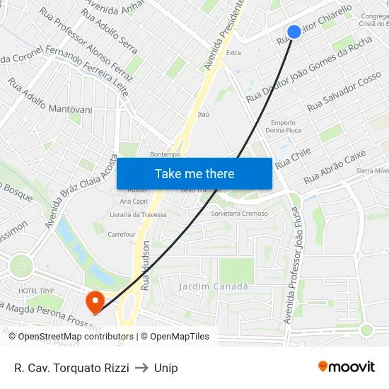R. Cav. Torquato Rizzi to Unip map