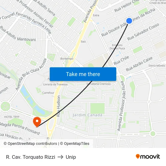 R. Cav. Torquato Rizzi to Unip map