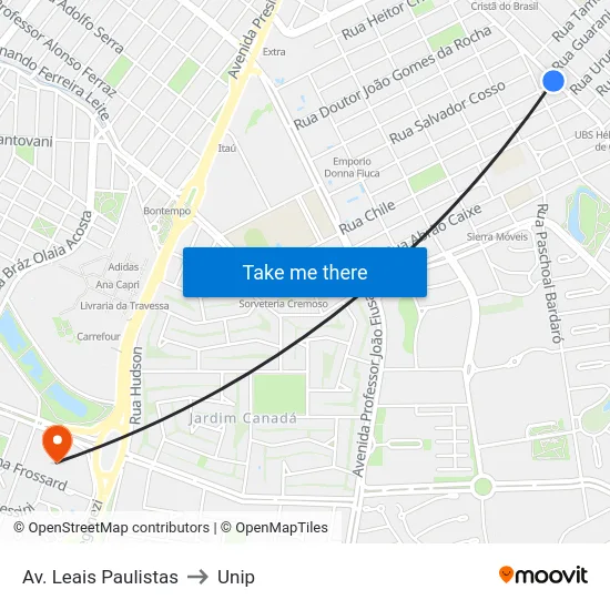 Av. Leais Paulistas to Unip map