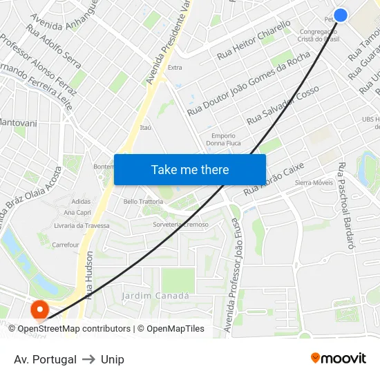 Av. Portugal to Unip map
