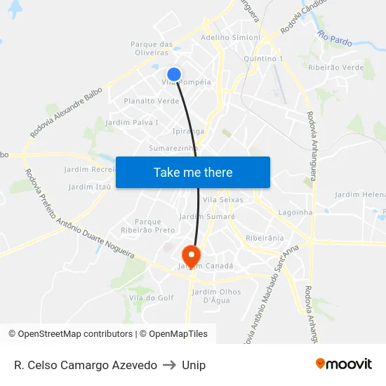 R. Celso Camargo Azevedo to Unip map