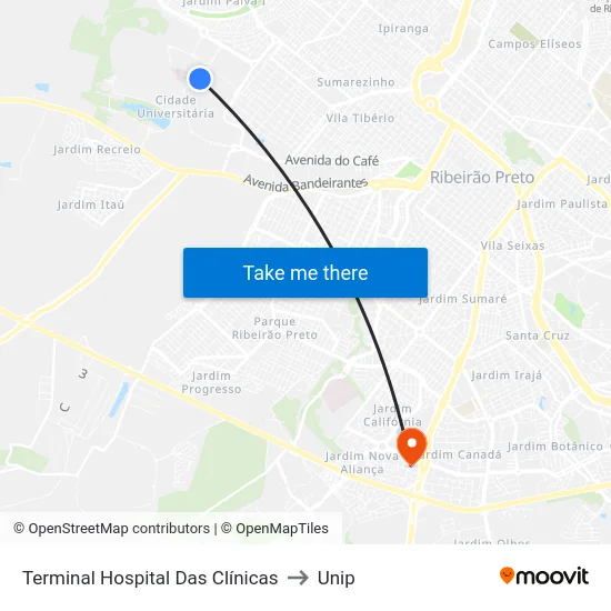 Terminal Hospital Das Clínicas to Unip map