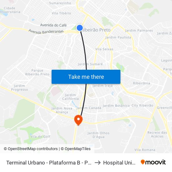 Terminal Urbano - Plataforma B - Ponto 3 to Hospital Unimed map