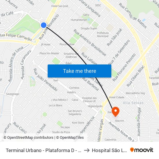 Terminal Urbano - Plataforma D - Ponto 7 to Hospital São Lucas map