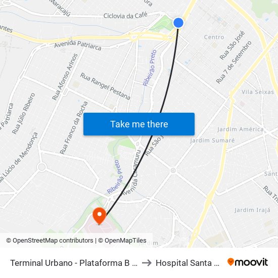 Terminal Urbano - Plataforma B - Ponto 3 to Hospital Santa Tereza map