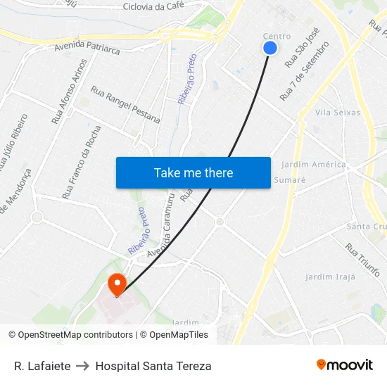 R. Lafaiete to Hospital Santa Tereza map