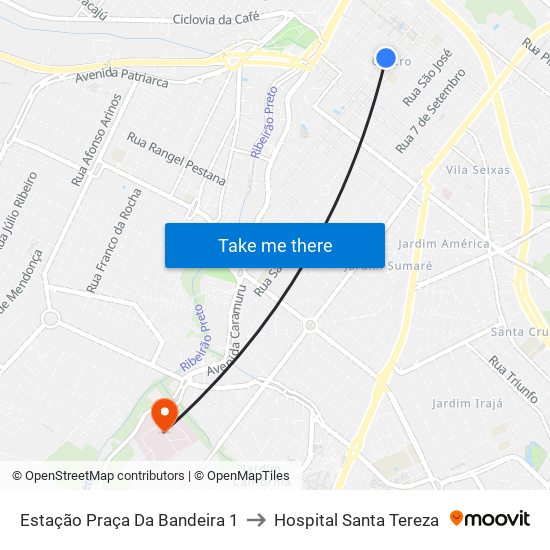 Estação Praça Da Bandeira 1 to Hospital Santa Tereza map