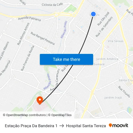 Estação Praça Da Bandeira 1 to Hospital Santa Tereza map