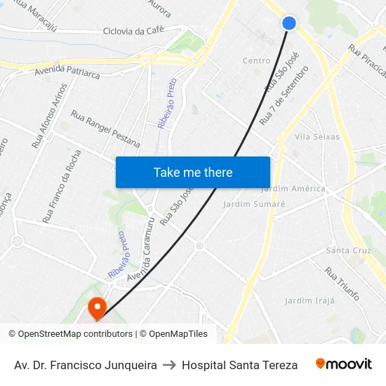 Av. Dr. Francisco Junqueira to Hospital Santa Tereza map