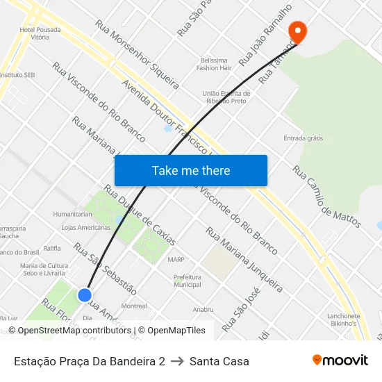 Estação Praça Da Bandeira 2 to Santa Casa map