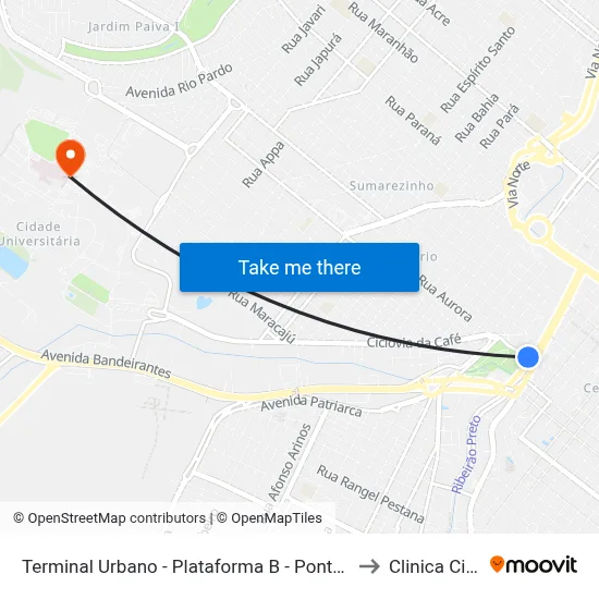 Terminal Urbano - Plataforma B - Ponto 3 to Clinica Civil map
