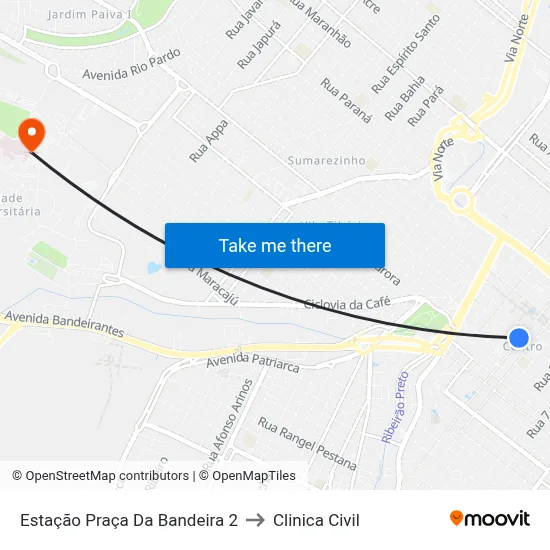 Estação Praça Da Bandeira 2 to Clinica Civil map