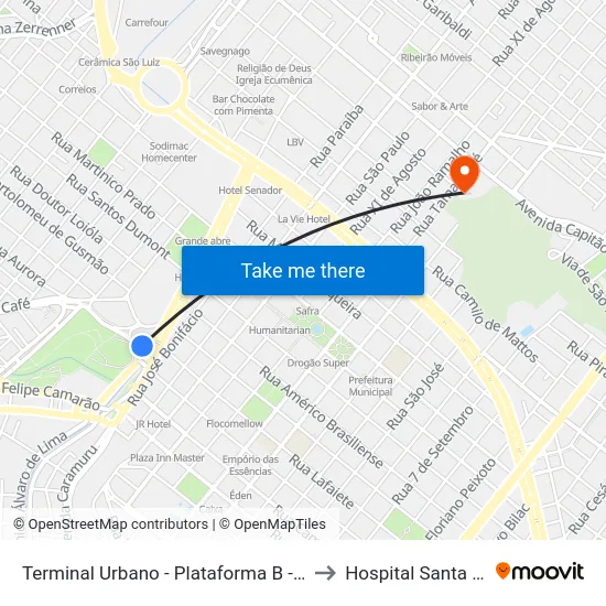 Terminal Urbano - Plataforma B - Ponto 3 to Hospital Santa Lydia map