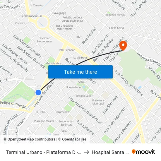 Terminal Urbano - Plataforma D - Ponto 7 to Hospital Santa Lydia map