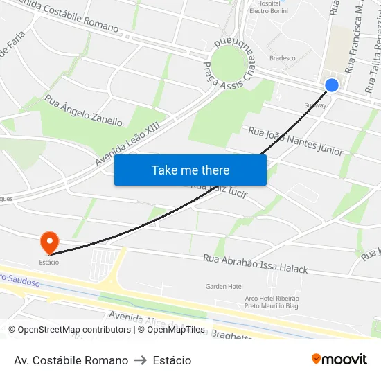 Av. Costábile Romano to Estácio map