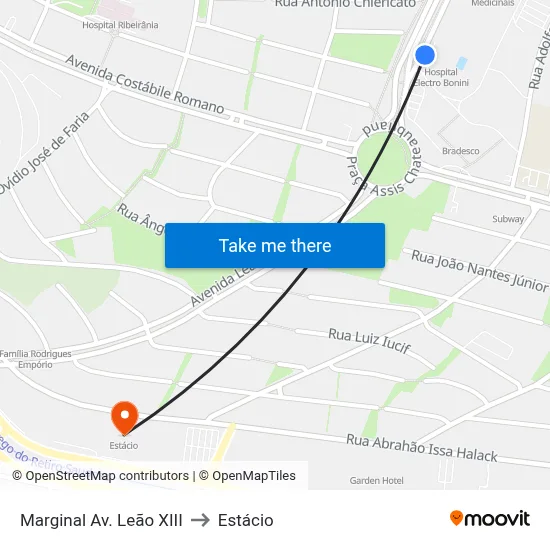 Marginal Av. Leão XIII to Estácio map