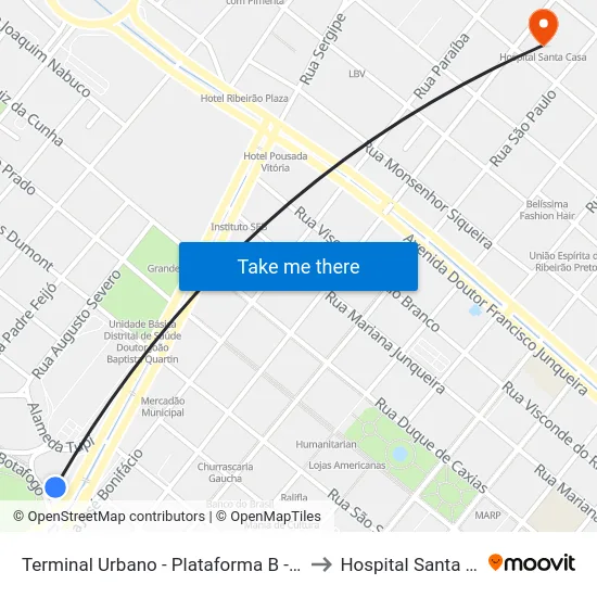 Terminal Urbano - Plataforma B - Ponto 3 to Hospital Santa Casa map