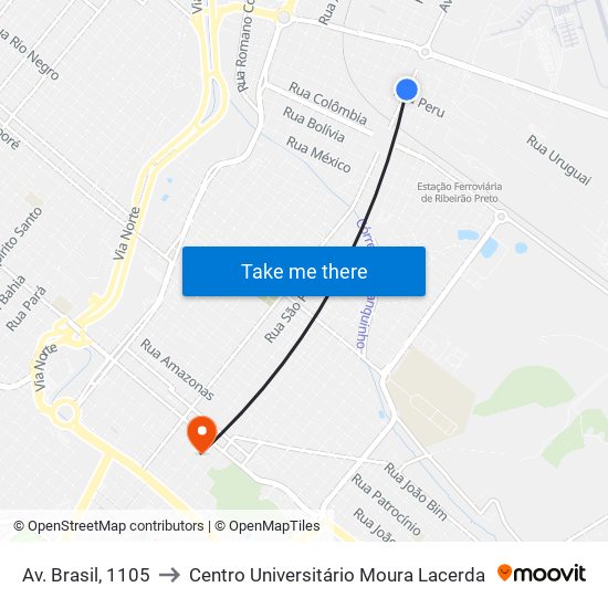 Av. Brasil, 1105 to Centro Universitário Moura Lacerda map