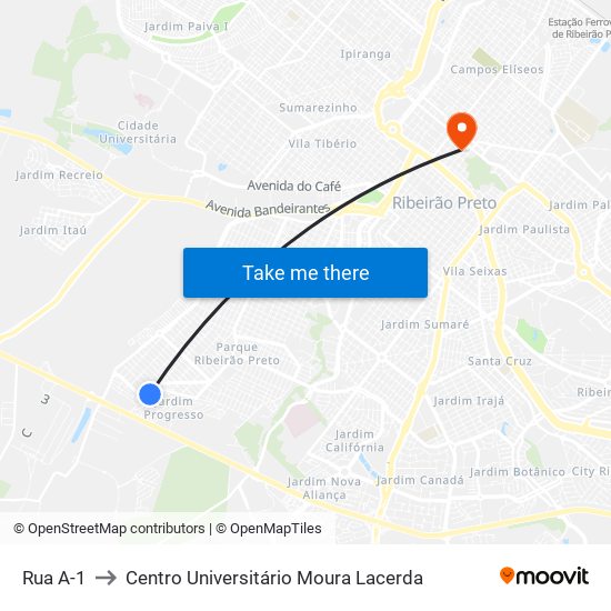 Rua A-1 to Centro Universitário Moura Lacerda map