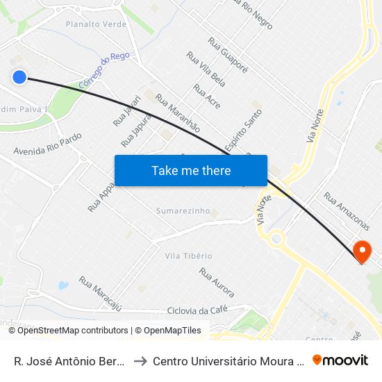 R. José Antônio Bernardes to Centro Universitário Moura Lacerda map