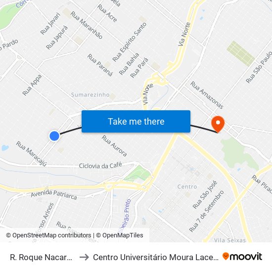 R. Roque Nacarato to Centro Universitário Moura Lacerda map