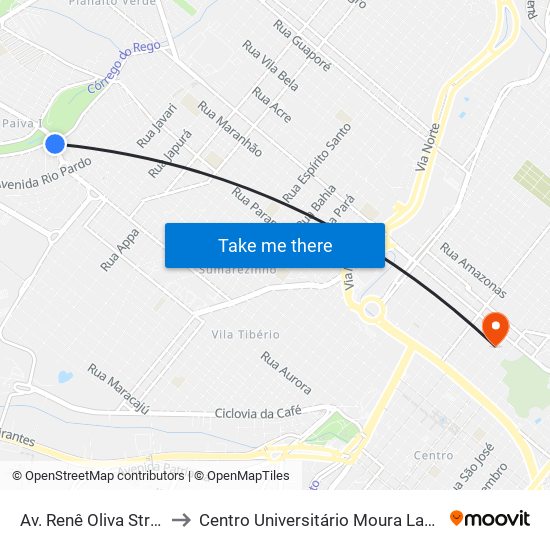 Av. Renê Oliva Strang to Centro Universitário Moura Lacerda map