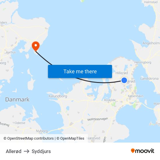 Allerød to Syddjurs map