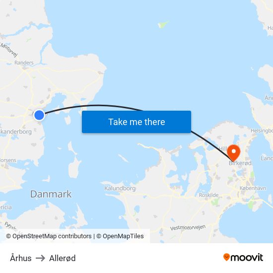 Århus to Allerød map