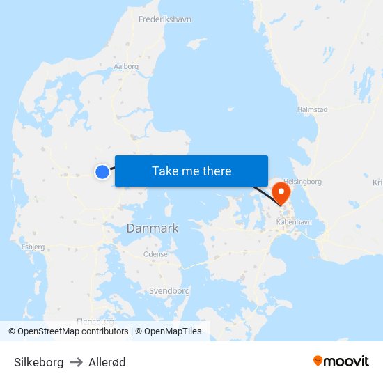 Silkeborg to Allerød map