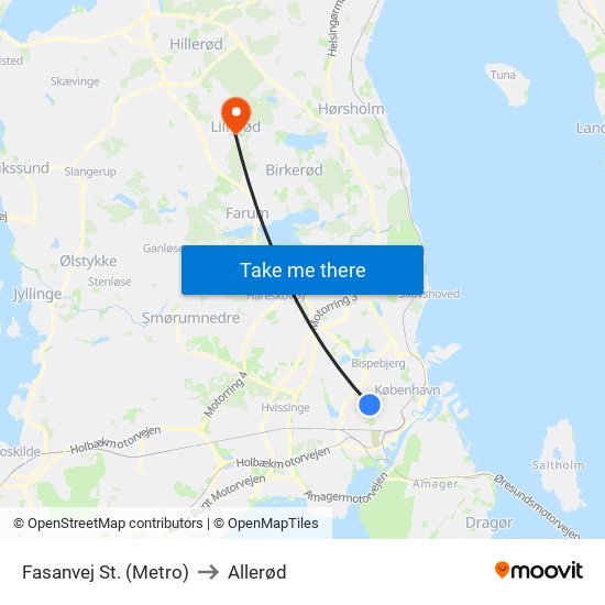 Fasanvej St. (Metro) to Allerød map