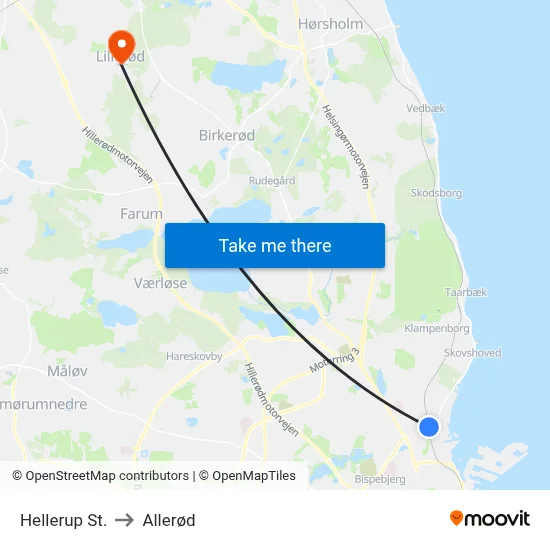 Hellerup St. to Allerød map
