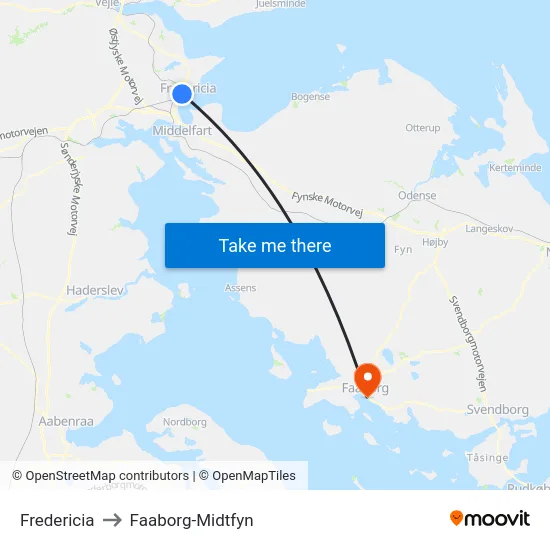 Fredericia to Faaborg-Midtfyn map
