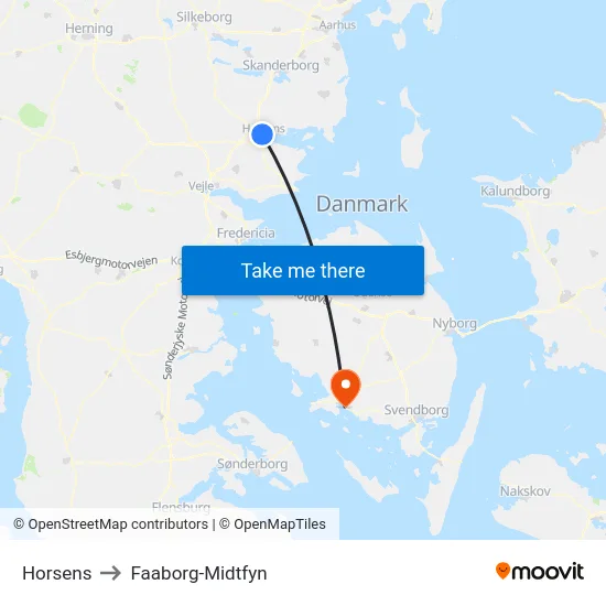 Horsens to Faaborg-Midtfyn map