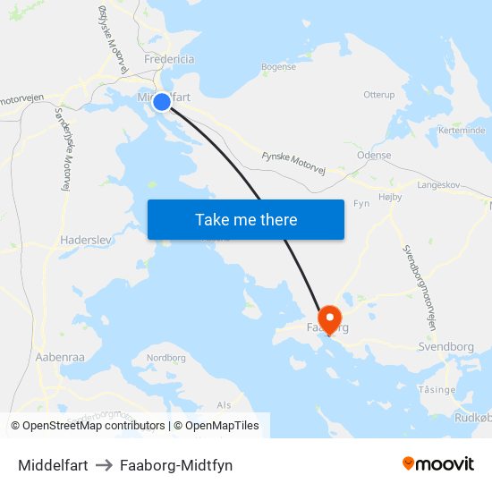 Middelfart to Faaborg-Midtfyn map