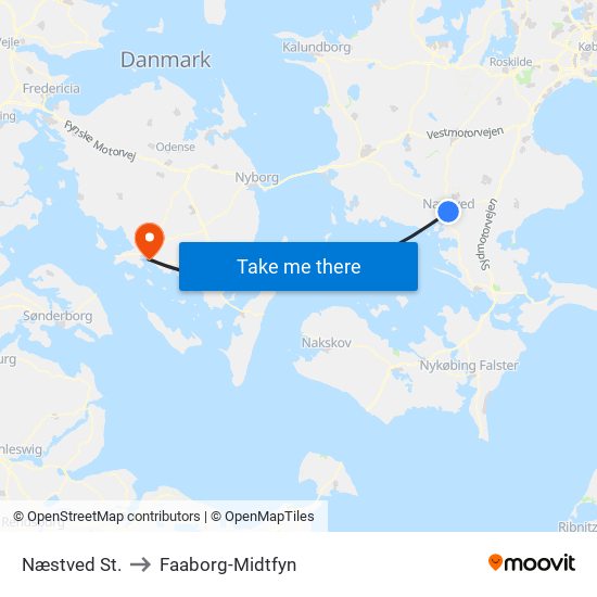 Næstved St. to Faaborg-Midtfyn map