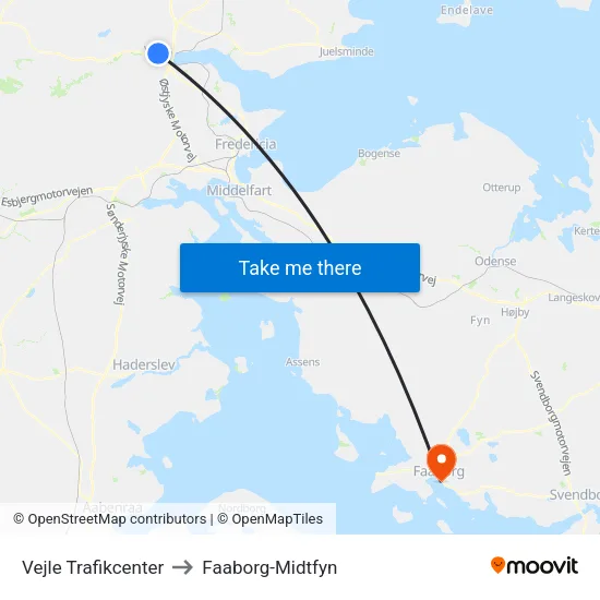 Vejle Trafikcenter to Faaborg-Midtfyn map