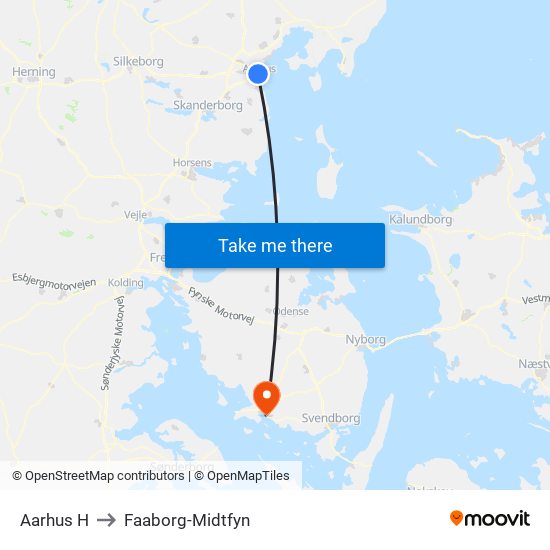 Aarhus H to Faaborg-Midtfyn map