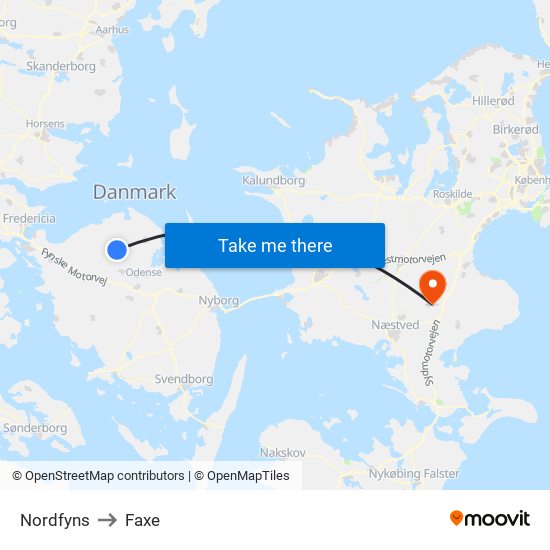 Nordfyns to Faxe map