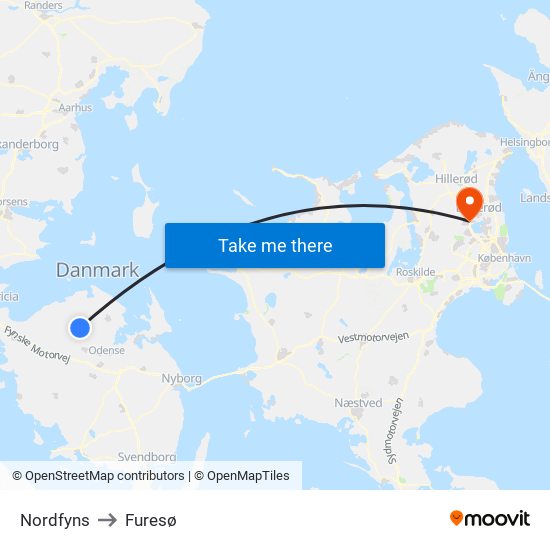 Nordfyns to Furesø map