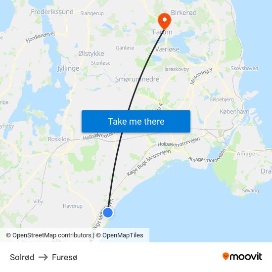 Solrød to Furesø map